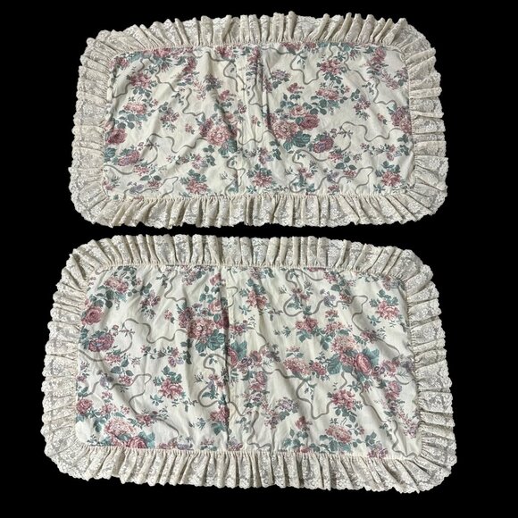 Vintage King Size Pillowcases Croscil Floral Ruffles Lace 1980s USA Pink Cream - Picture 3 of 9